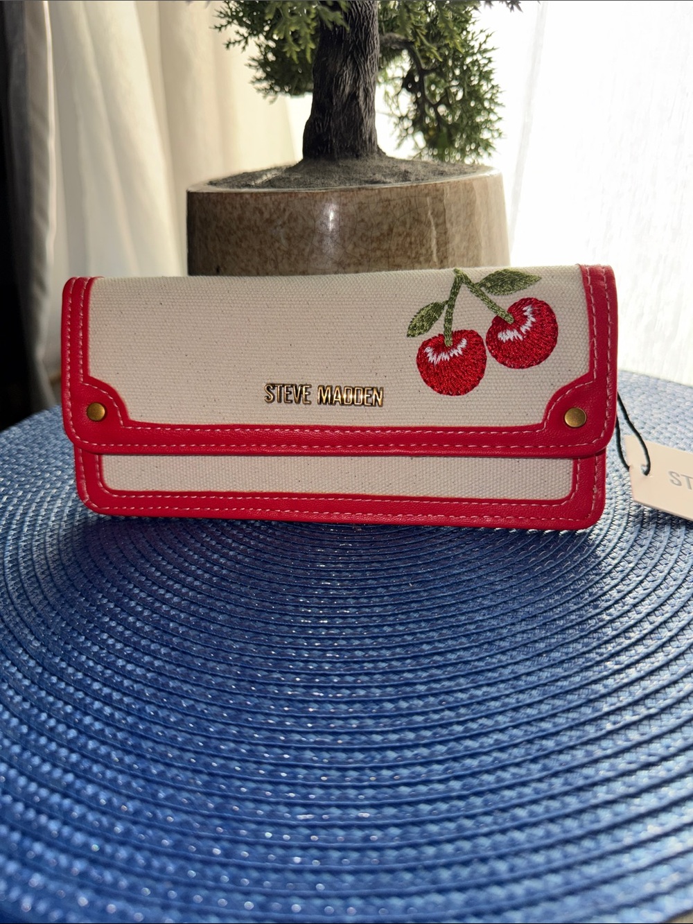 Steve Madden Cream Canvas Cherry Wallet with Red Trim